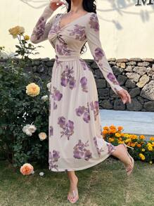 DAZY 1 pieza Vestido midi con estampado floral, cuello en V, mangas abultadas, nudo retorcido para mujer, vestido de playa, vestido largo de manga larga, vestido bohemio para vacaciones - Morado - Ver 7