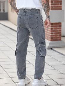 Manfinity Homme Men's Gray Loose Straight Leg Casual Cargo Jeans - Grey - View 2