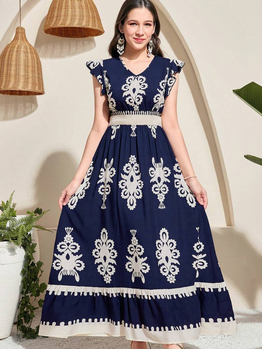 SHEIN Teen Girls Navy Blue Ruffle Sleeve A-Line Vacation Dress - Navy Blue - View 1