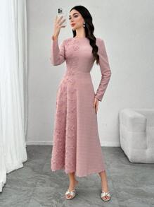 Modelyn Embroidered Patchwork Waisted Women Dress - Pink - View 7