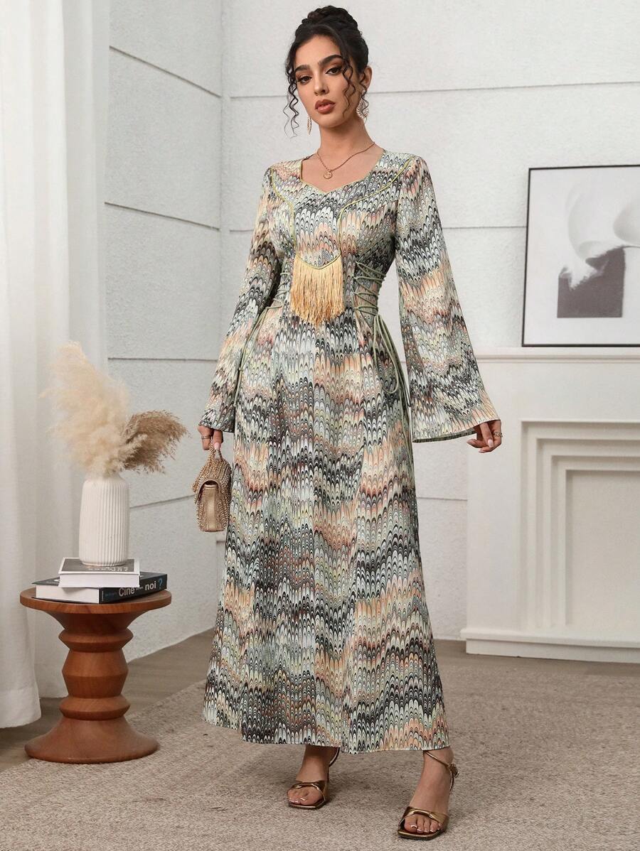 Yasmyna 女士优雅花卉印花 V 领流苏腰系带喇叭长袖连衣裙 夏季服装 婚礼宾客礼服 女士花卉、端庄 - 彩色 - 查看 1