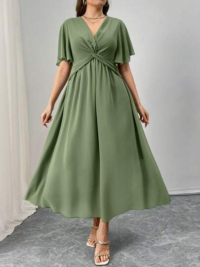 SHEIN Clasi Plus Size Women Elegant Commuter/Dating/Beach Vacation Solid V-Neck Twist Front Semi-Sheer Chiffon 3/4 Sleeve Dress, Romantic Dress