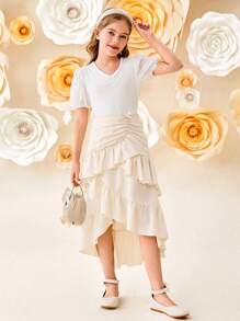 SHEIN Girlism Tween Girls' Casual Loose Layered Ruffled Uneven Hem Mid-Length Skirt - Apricot - View 5