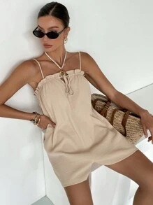 SHEIN Essnce Women Rompers,Women's Casual Solid Color Sleeveless Jumpsuit - Khaki - View 6