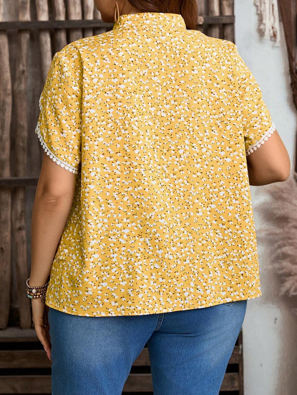 Women's Plus Size Yellow Ditsy Floral Print Boho Blouse,Summer Vacation Elegant Lace Spliced Petal Sleeve Button Half Placket Collar Top For Spring