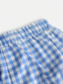 Girlism Camicia a quadri blu con fiocco per ragazze adolescenti, completo casual da vacanza con camicia a quadri e pantaloncini
