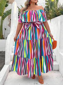 SHEIN CURVE+ Plus Size Vacation Leisure Colorful Striped Pattern Off-Shoulder Ruffle Trimmed Multi-Tiered Hem A-Line Dress Pride Month Rainbow Women's Long Dress Boho Vacation - Multicolor - View 8