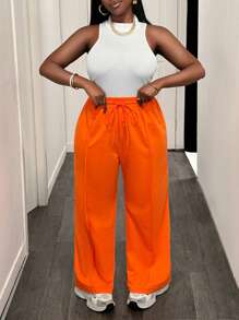 Slaydiva Women Plus Size 2 Pieces Set: White Ribbed Racerback Tank Top And Wide Leg Sweatpants In Orange, Casual Sports Wear For Spring/Summer