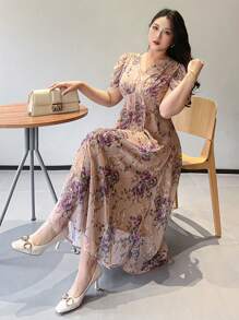 Dazy Petite Plus Plus Size Floral Print V-Neck Puff Sleeve Mini Dress, Purple, Spring/Summer Draped Dress Pink Milkmaid Dress Sundress - Purple - View 9