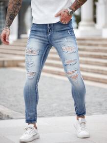 Manfinity Roughcore Men's Skinny Fit Blue Denim Jeans - Light Wash - View 3