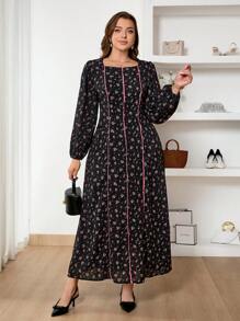 SHEIN Frenchy 大码女式黑色碎花长裙，轻盈休闲黑色长裙，春夏新品 - 黑色 - 查看 3