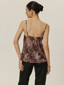 Poéselle 女士吊带背心棕色印花图案网眼吊带背心上衣抽绳荷叶边下摆不对称造型度假可爱衬衫棕色上衣女式上衣女式花卉印花抽绳前背心夏季女式夏季上衣 - 咖啡棕 - 查看 5