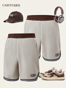 SHEIN Explorewe 2 件装青少年男童休闲运动短裤，夏季新款简约文字刺绣撞色运动短裤