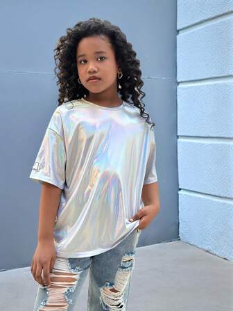 SHEIN Tween Girl Street Cool Knitted Crew Neck Short Sleeve Top