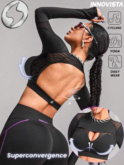 Innovista Ropa deportiva para mujer con malla animal, sudadera corta de manga larga, camiseta, top con espalda abierta y recortes, top de malla transpirable y elástico para gimnasio, prendas de entrenamiento que absorben la humedad, top de malla con estampado de cebra, conjunto deportivo con estilo único y audaz, para ciclismo, bicicleta, correr, cardio, fuerza