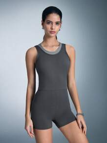 SHEIN Solid Color Minimalist Fashion Sports Bib Overall Romper For Casual Daily Wear - Dark Grey - View 3