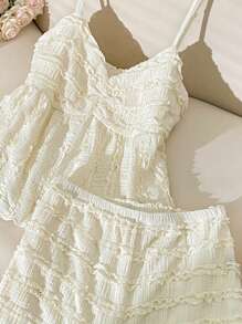 CosyJoli Plus Size 2 Pieces Set Solid Color Camisole And Shorts, Minimalist Fashion Casual Daily Wear,Slightly Sheer - Apricot - View 3