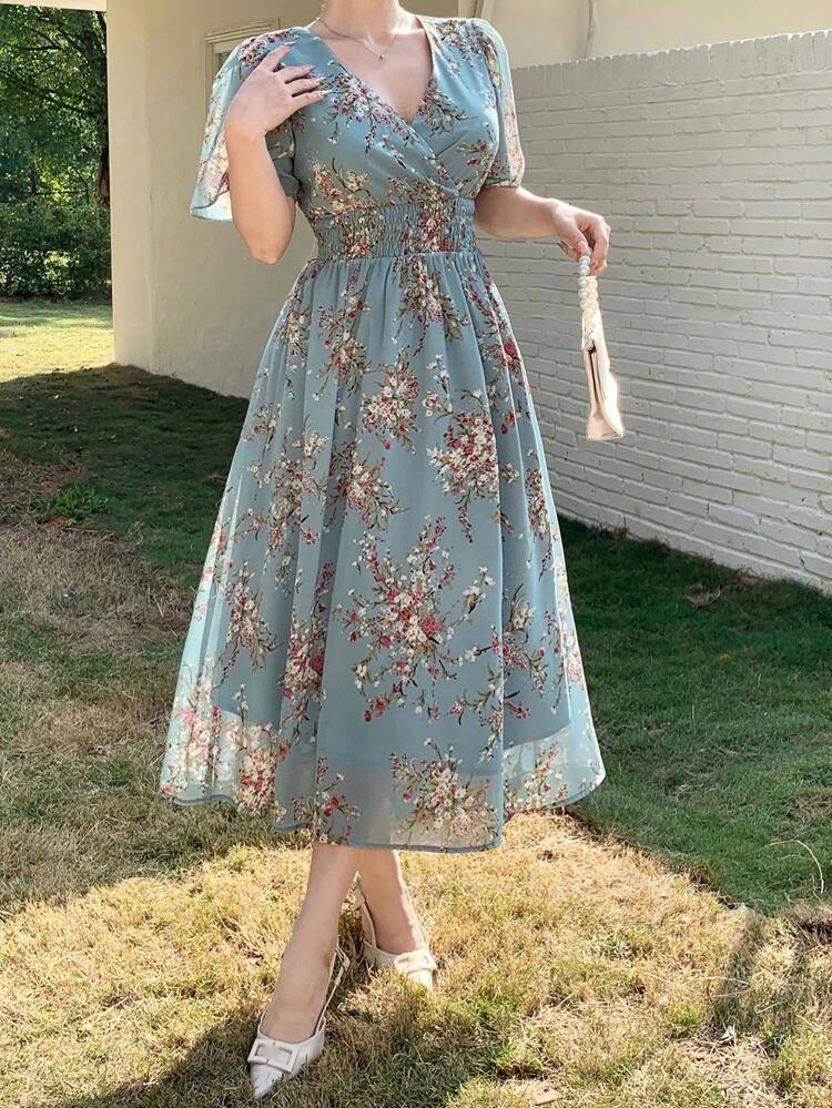 Shirred Floral Print Shirred Midi Dress For Women Sundress Vacation Outfits Women Easter Boho