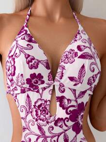 SHEIN Swim 女士简约时尚休闲露背花卉印花连体泳衣，适合日常穿着，适合夏季海滩度假 - 彩色 - 查看 4