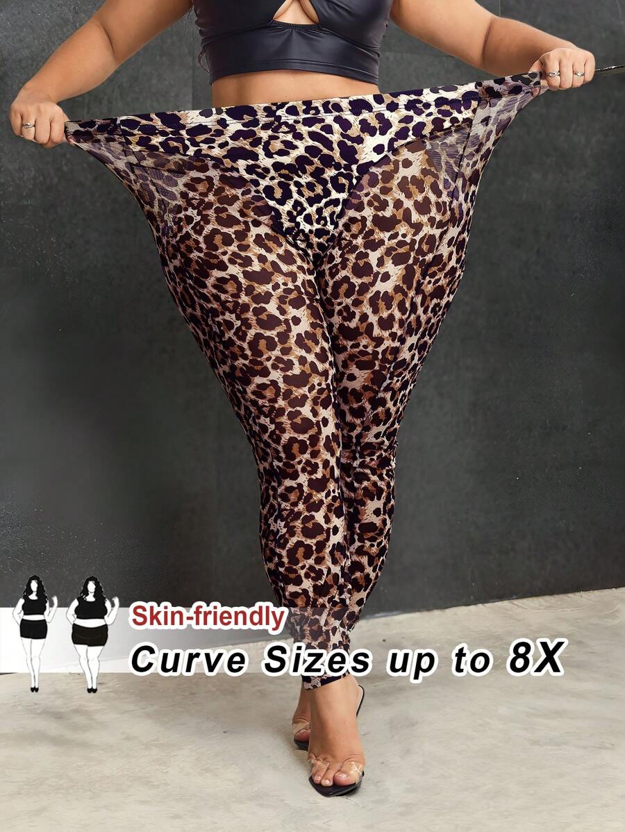 SHEIN CURVE+ CURVE PLUS /Valentine's Day/New Sexy And Elegant See-Through Mesh Leopard Print Including Three Pants Bottoming And Decorative Slim Fit Women's Leggings,Valentines,Rose,Heart,Polka Dot,Love,Lip,Cupid,3D Flower - Multicolor - View 1