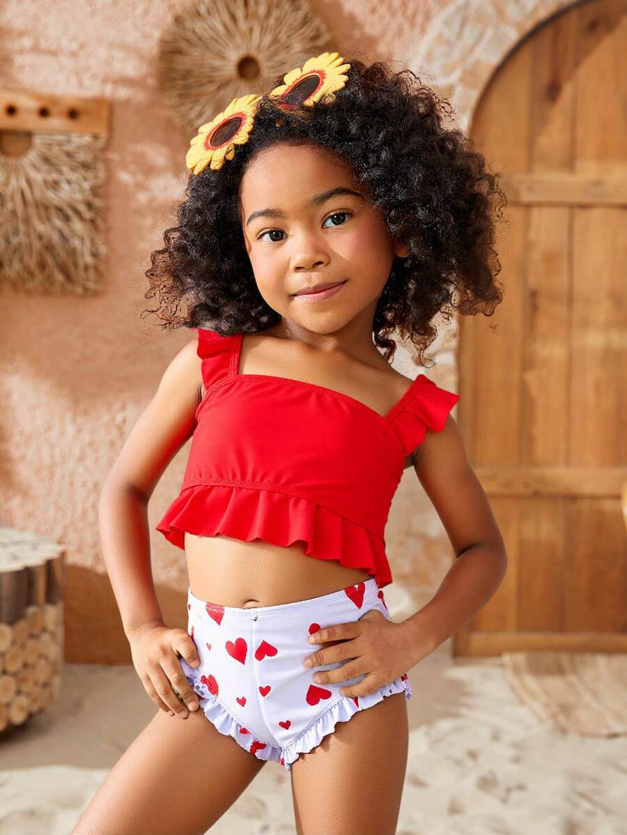 SHEIN Tween Girl Valentine's Heart Printed Swimwear - Red - View 1