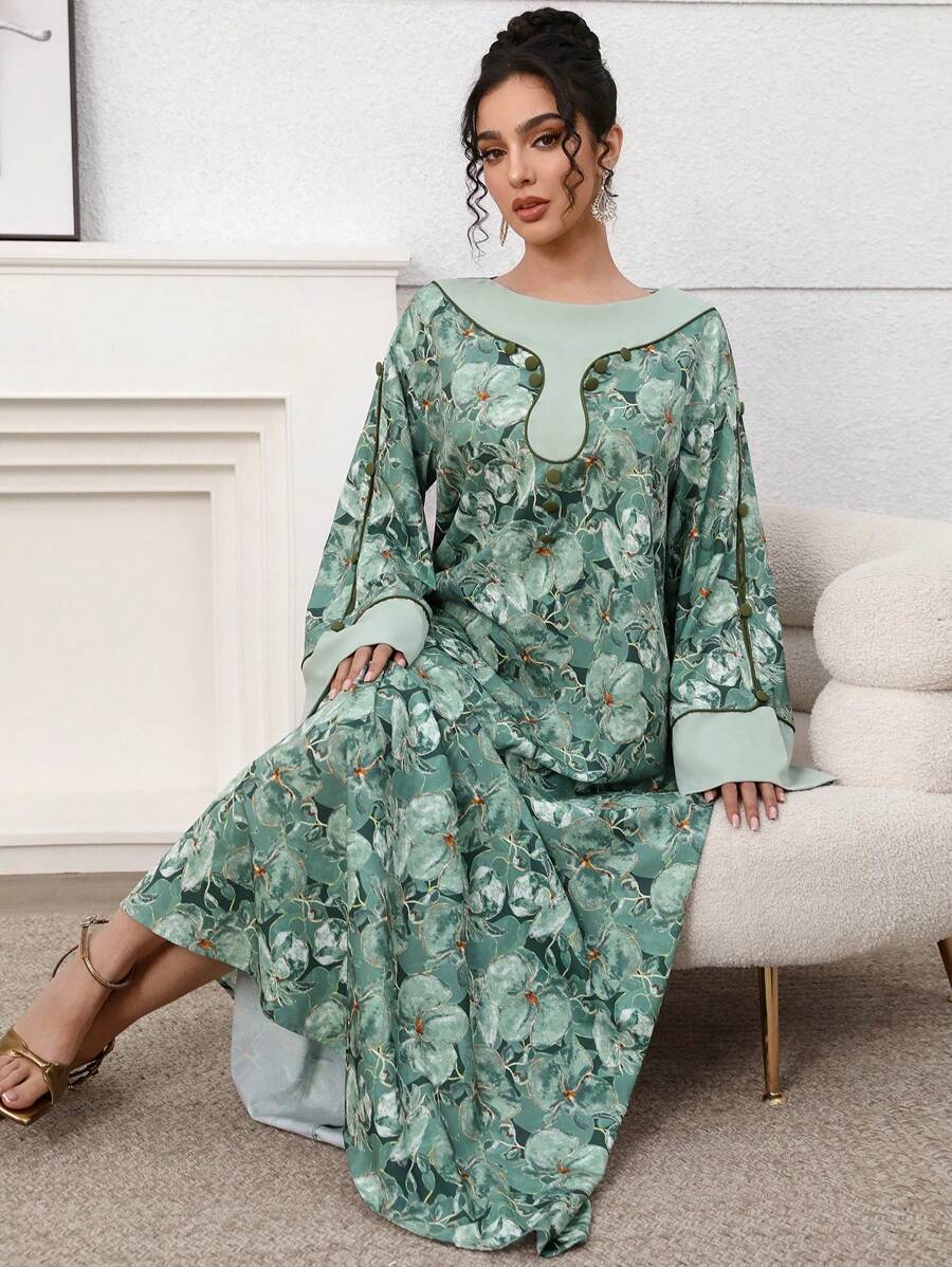 Yasmyna Women's Traditional Turkish & Arabic Long Dress Kaftan Jalabiya Dress - Green - View 1