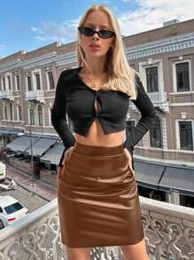 SHEIN Cottnline Women's Solid Color Tight Fit High Waisted Mini Skirt - Chocolate Brown - View 4