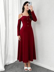 Modelyn Women's Korean Style Charming V-Neck Camisole Dress With Floral Lace Trim, Fitted And Slimming, Long Length - Burgundy - View 4