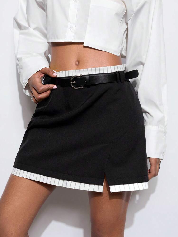 SHEIN Maija Women's Black Summer Waistband And Hem Striped Fabric Front Side Slit Back Elastic Waist Fashion Versatile Daily Casual A-Line Short Skirt Going Out Outfits