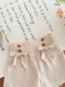 SHEIN LMoss Kids Baby Girl Casual Khaki Bow Decor Shorts, Summer