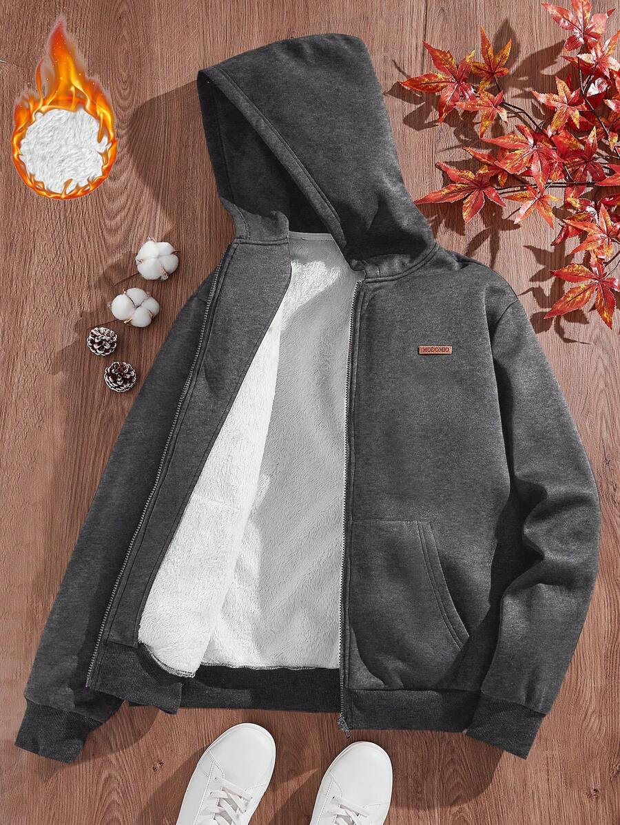 Manfinity VCAY 男士宽松落肩针织连帽卫衣运动衫，秋季男士保暖内衬夹克，男士长袖加厚外套 - 灰色 - 查看 1