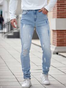 Manfinity Homme Jeans azules ajustados y desgastados para hombre, ropa casual minimalista de uso diario - Lavado ligero - Ver 5