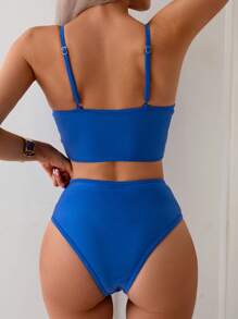 SHEIN Swim Set Bikini Kasual Liburan Wanita dengan Jala Kontras Warna Polos, untuk Pantai Musim Panas - Royal Blue - View 2