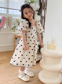 Dazy Kids 年轻女孩简约时尚休闲日常短袖连衣裙 - 米色 - 查看 5