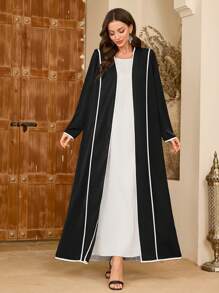 Al Najma Plus Size Women's Floral Print Color Block Elegant Kaftan Abayas - Black and White - View 6