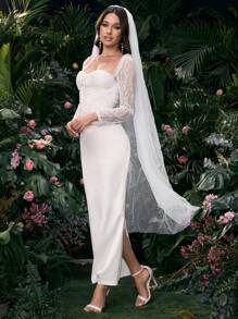 Coutiva 新款婚礼宾客礼服，蕾丝拼布收腰性感缎面连衣裙