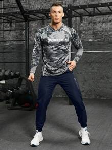 Manfinity Fitness Men's Letter Print Drawstring Waist Pocket Sports Sweatpants - Navy Blue - View 3