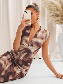 Lavishia Women's Elegant V-Neck Tie-Dye Bodycon Midi Dress, Summer Vacation Travel