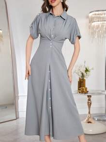 Mulvari Women's Korean Wave Pleated Collar, Single-Breasted Waist-Defining Minimalist Short Sleeve Long Dress