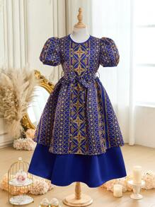SHEIN Tween Girls Woven Jacquard Floral Print Puff Sleeve Ruffle Hem Mix Dress, Regal Dress, Cobalt Blue - Royal Blue - View 7