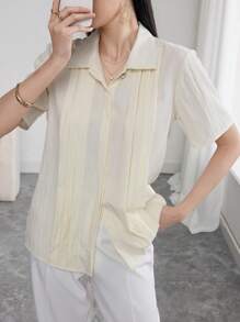 Seusyu Women's Solid Color Simple Casual Pleated Pearl Collar Short Sleeve Shirt - Yellow - View 4