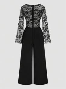 SHEIN Unity Plus Size Romantic Lace Patchwork Long Sleeve Casual Jumpsuit - Black - View 2