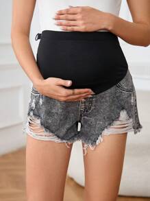 SHEIN Celana Pendek Denim Pinggang Tinggi Sobek Cuci Kasual untuk Ibu Hamil Musim Panas - Grey - View 6