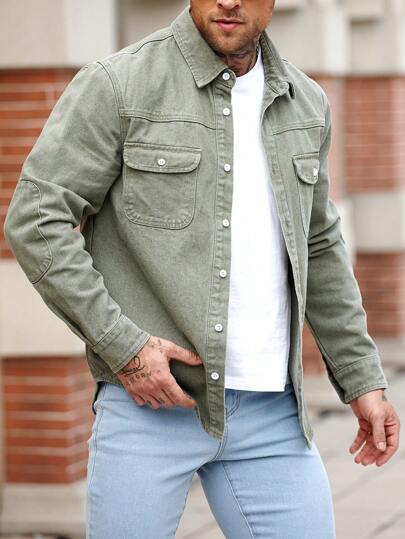 Manfinity Homme Men's Slim-Fit Olive Green American Casual Denim Jacket Going Out Hang Out Work Commute Street