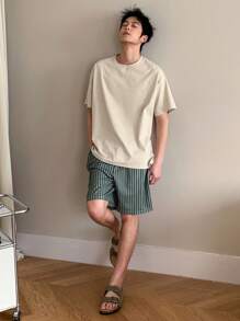 DAZY Men's Summer Short Sleeve T-Shirt And Striped Shorts Pajama Set - Multicolor - View 5