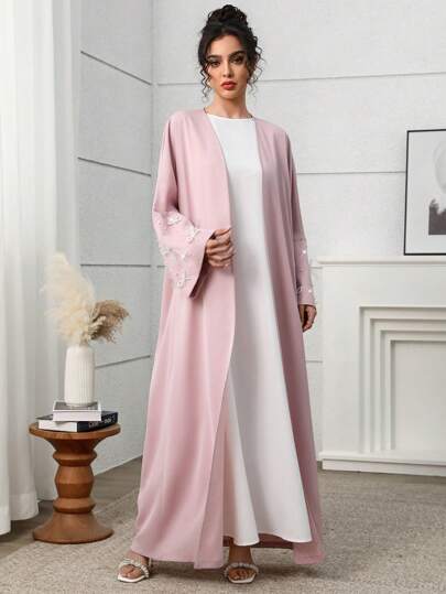 Yasmyna Women's Long Sleeve Arab Abaya Outwear With Bow Cuff And Faux Pearl Decor, Modest Robe