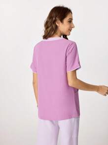 TaskEZ Contrast Color Round Neck Short Sleeve Scrub Uniform Top - Mauve Purple - View 2
