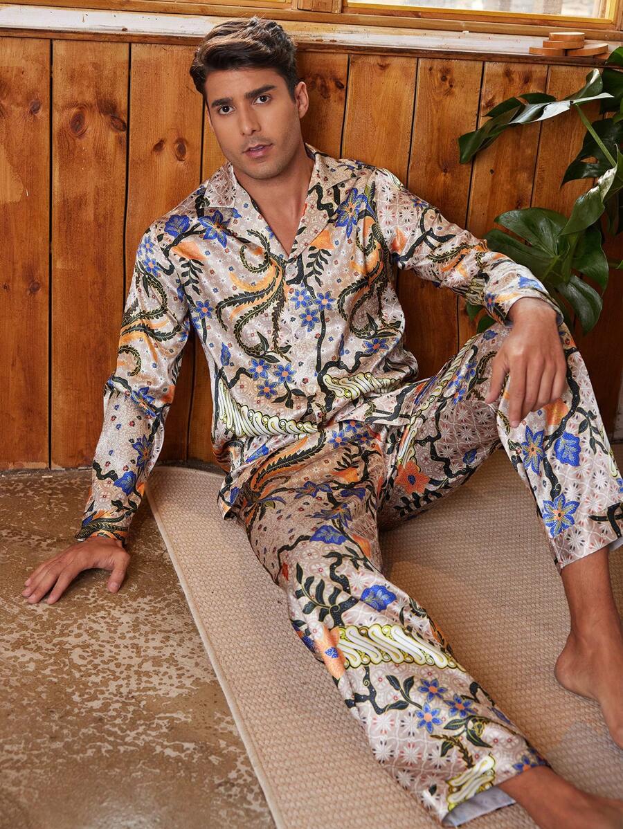 Manfinity ChillVibe Men's 2pcs Pajama Set Casual Long Sleeve Shirt And Long Pants, Simple And Fashionable For Daily Wear - Multicolor - View 1