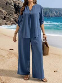 EMERY ROSE Set de 2 piezas para mujer de talla grande: camisa con bajo en V sólido y pantalones