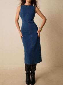 Poéselle Vestido vaquero largo de mujer de ajuste ceñido sin mangas y cuello redondo, vestido vaquero elegante, FW25